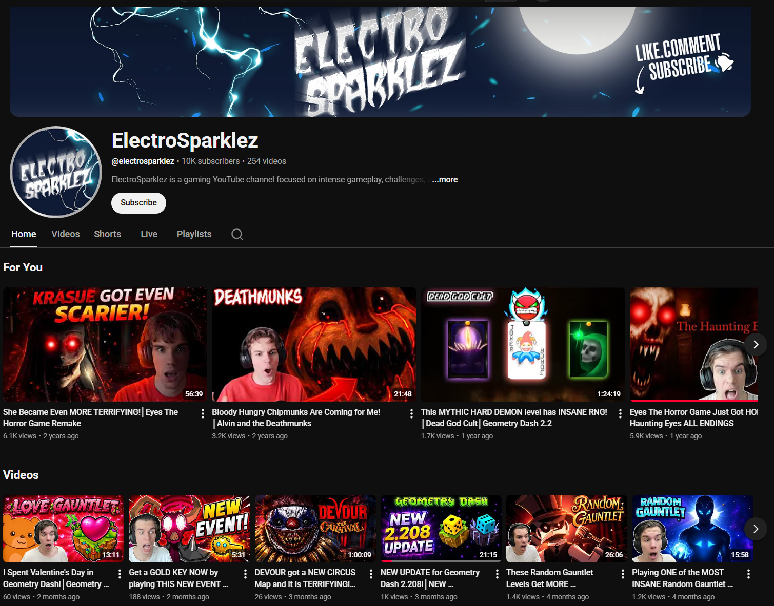 Screenshot of my YouTube channel homepage with banner and recent videos.